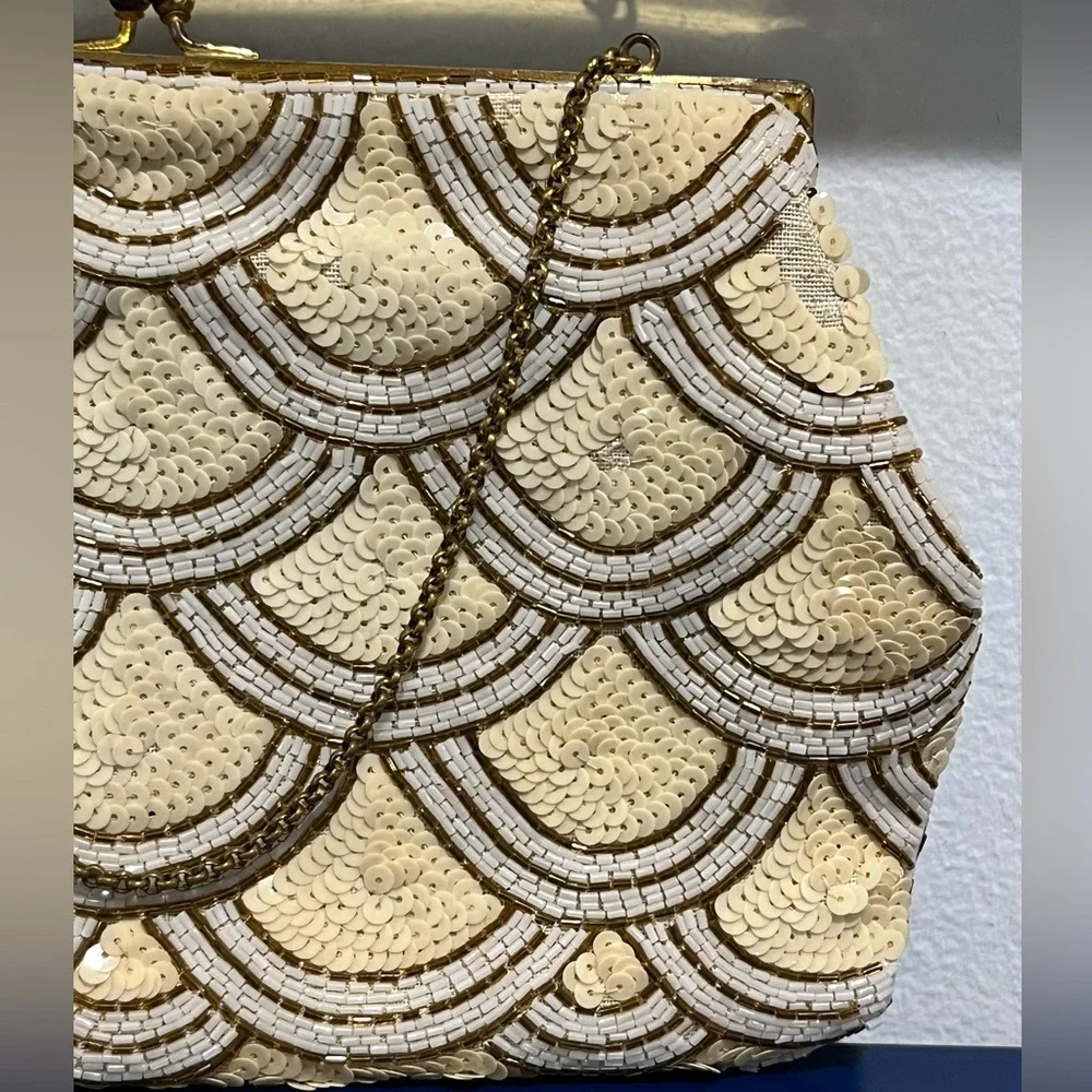 Bags By Josef Cream Jewel Bead Purse Evening Bag Clutch Vintage 50s 60s France